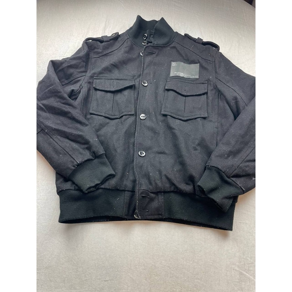 Rocawear Military Bomber Jacket‎ Mens Size XL Black Button Front Long Sleeves